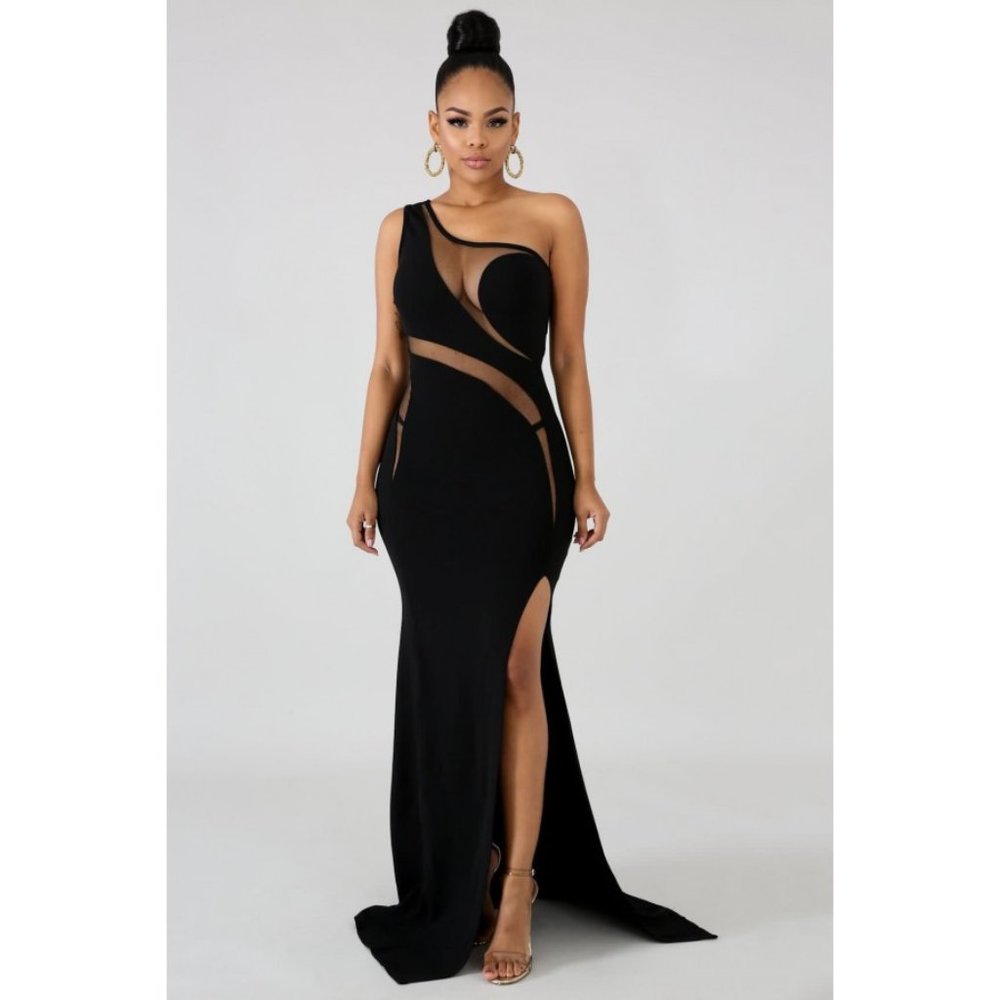 ISO: black high slit one shoulder mesh insert maxi mermaid dress
